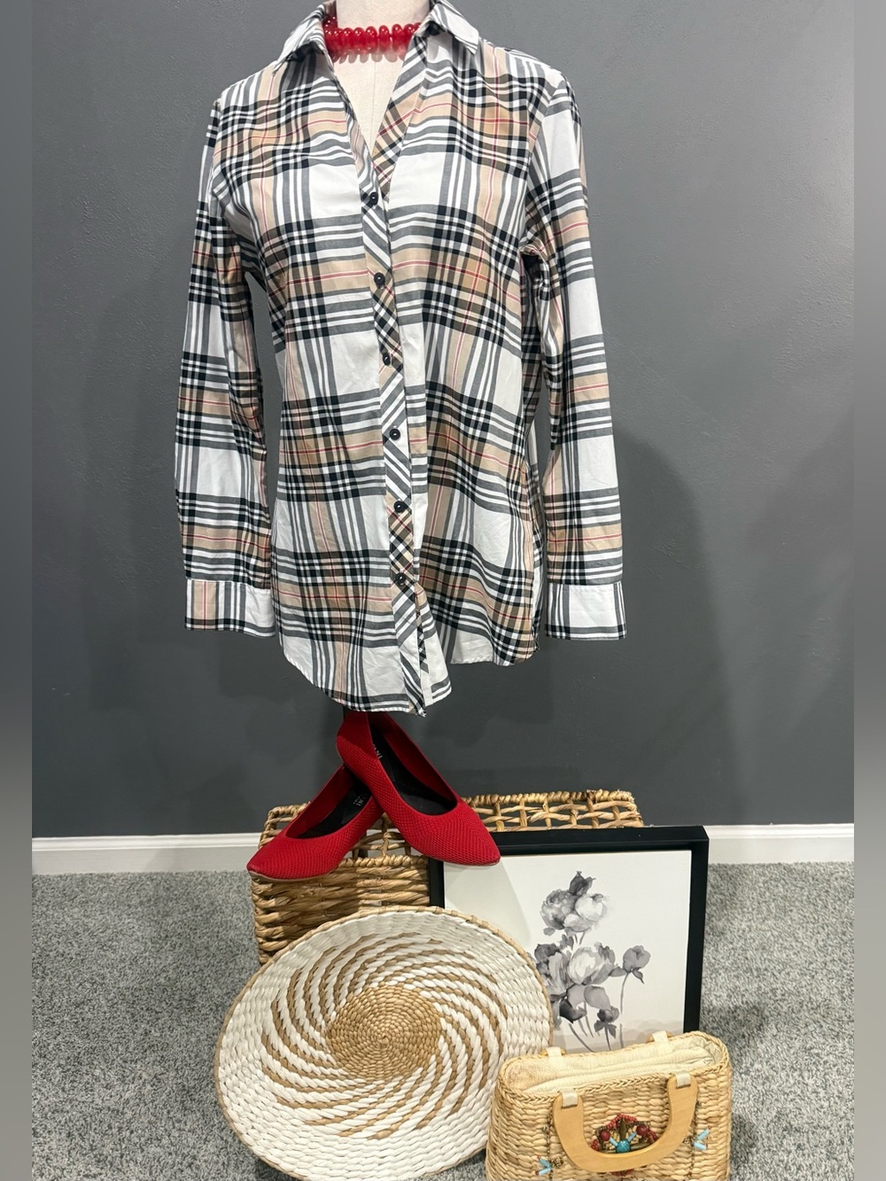 Foxcroft Neutral Plaid Button-Down Shirt in Black, White & Beige